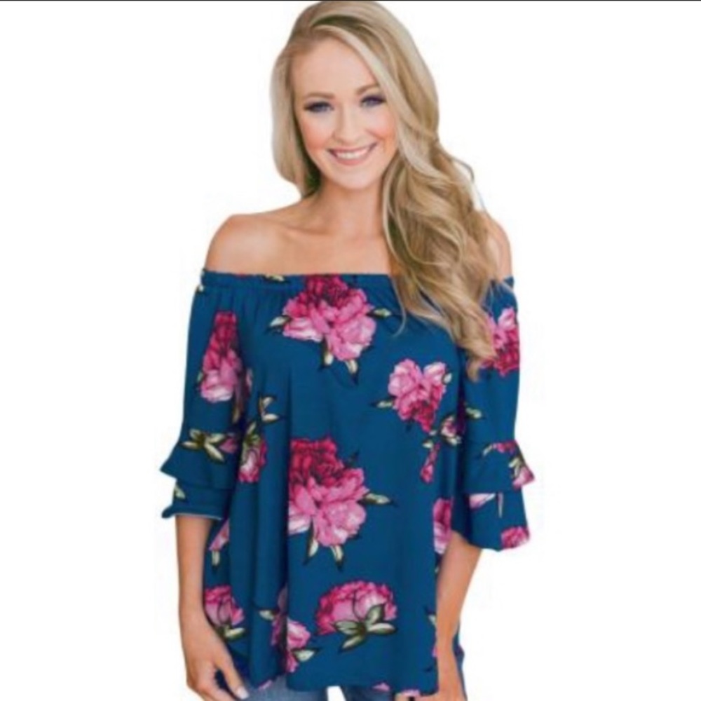 New Floral Blue Plus Size Off the Shoulder Top